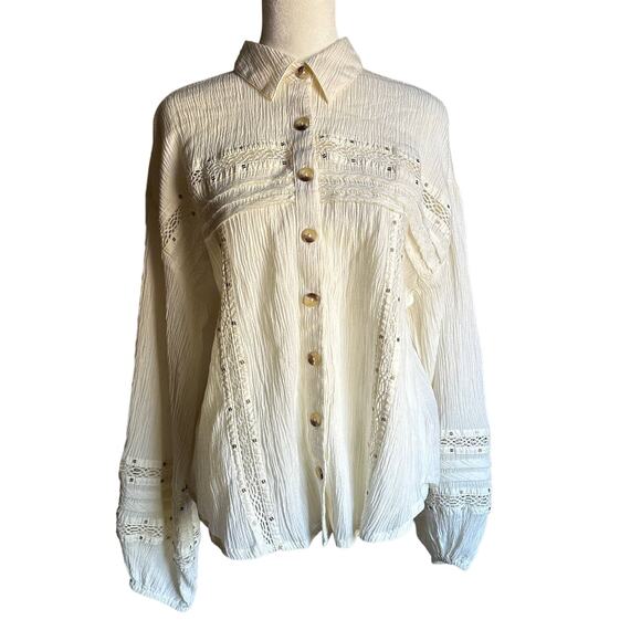 Free People Summer Stars Cream Gauze Boxy Button Down Blouse Boho Small - Picture 1 of 7